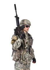 Fototapeta premium Soldier holding rifle vertically