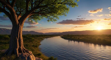 Serene river landscape at sunset with tree mountains and calm water reflecting vibrant sky colors