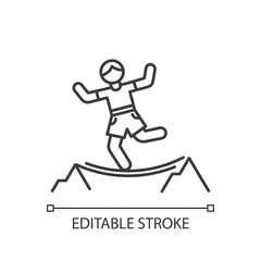 Obraz premium Highlining linear icon. Slacklining. Walking and balancing on tightrope. Slackliner in mountains. Extreme sport stunt. Walker on rope. Contour symbol. Vector isolated outline drawing. Editable stroke
