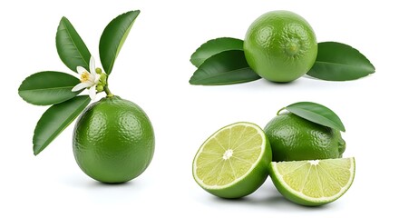 Fresh green limes with leaves and flowers whole and sliced on white background vibrant citrus fruits displayed