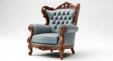 Luxurious blue armchair with intricately carved wooden frame and tufted upholstery on a white background
