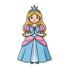 Fototapeta premium Cute Cartoon Princess Praying with Crown and Blue Dress