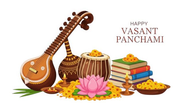 Happy vasant panchami celebration with sitar and tabla