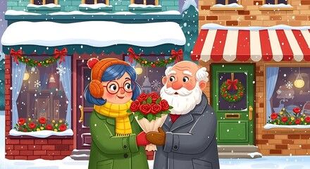 Elderly couple standing outside florist shop holding bouquet of red roses on snowy winter day