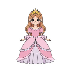 Fototapeta premium Cute Cartoon Princess with Crown and Pink Dress
