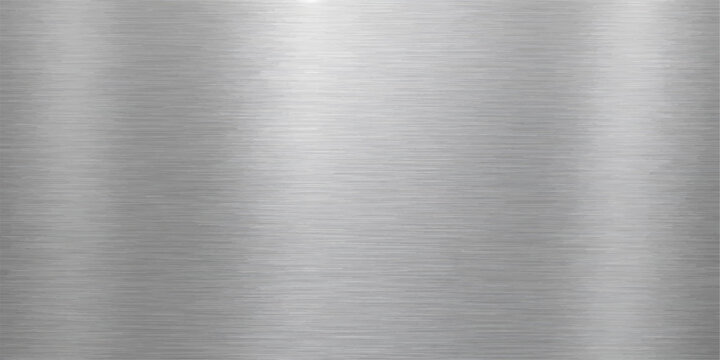 A shiny silver stainless steel plate with a brushed metal texture creates an industrial grey aluminum surface pattern featuring polished metallic reflections on a sleek textured material