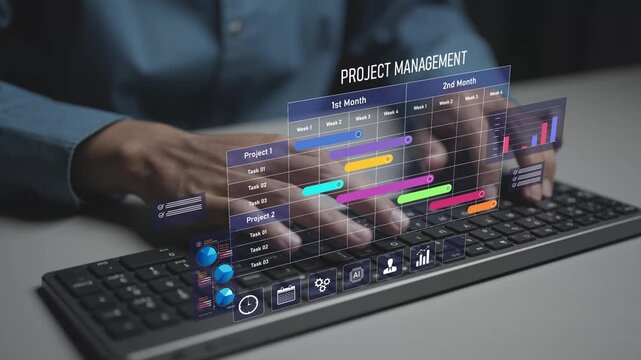 Business project management system concept. Person typing keyboard with planning, deadline and resource management icons, productivity improvement and organizational efficiency.