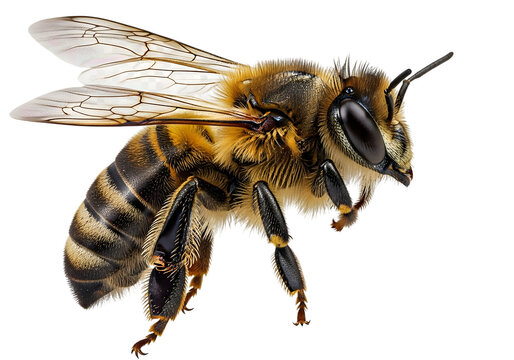 Close-up of a detailed bee with transparent wings and fuzzy body, isolated on a white background, showcasing its intricate features and natural beauty