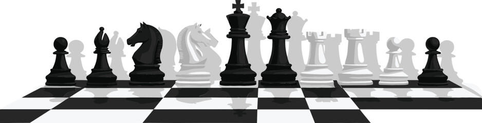 Chess Board with Black and White Pieces Illustration for Strategy Games, Intelligence Concepts, Business Planning, Competition, and Vector Design Graphics © Sanjida