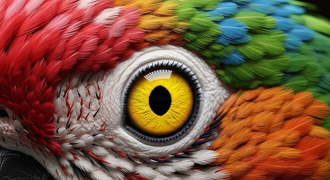 Vibrant parrot eye close up with colorful feathers and detailed texture in bright lighting