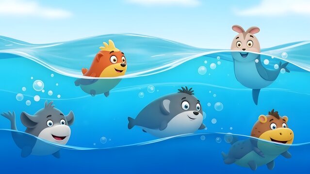 Cartoon marine animals swimming together in ocean waves with fish and sea creatures from different viewpoints
