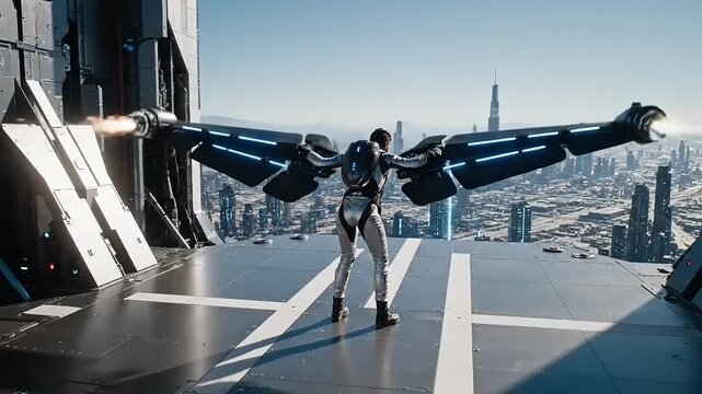 Futuristic robot with jetpack stands on a rooftop overlooking a cityscape on a clear day from a high vantage point