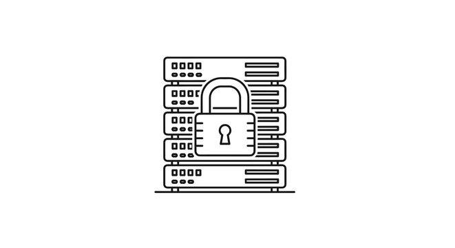 This line art illustration depicts a secure server rack, symbolizing robust data protection and cybersecurity measures for digital infrastructure.