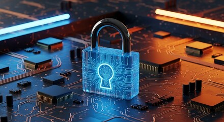 Digital padlock on circuit board representing cybersecurity and data protection with neon lights and advanced technology components