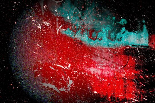 Abstract red and turquoise artistic background with messy paint splashes and white scratches ideal for alternative rock album covers and aggressive street art posters