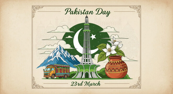 Pakistan day celebration with iconic landmarks and symbols including minar e pakistan mountains bus pot and floral elements on a vintage background