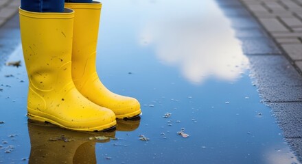 Bright yellow boots reflecting a cloudy sky in a puddle