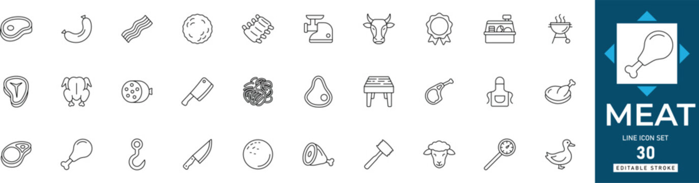 Meat line icon set featuring steak, butchery, bbq, beef, chicken, pork, and sausage. Professional editable vector set for food and restaurant.
