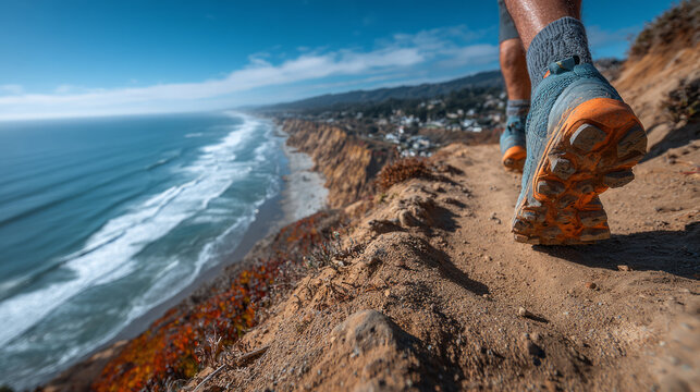 Close-up of trail runner's feet on a dusty path overlooking the ocean and coastline