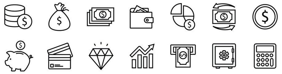 Finance and Investment Line Icon Set in Outline Style