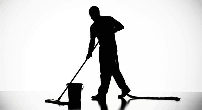 Man Mopping Floor with Bucket Silhouette.