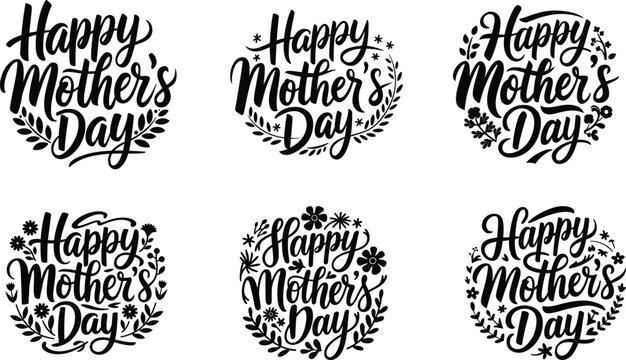 Happy Mother's Day hand drawn calligraphy lettering and floral wreath vector illustration