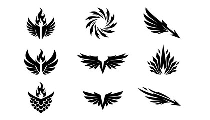 Fototapeta premium Vector collection of tribal tattoo designs featuring flaming wings, flying arrows and vortex swirls. Ideal for esports logos and vinyl car decals