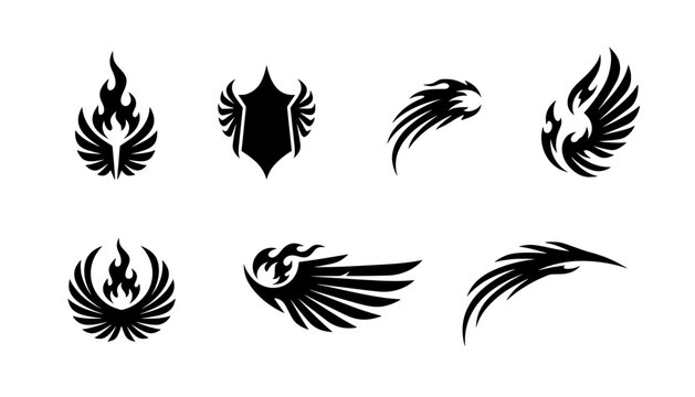 Vector collection of abstract tribal tattoo designs featuring flaming wings, shields and phoenix birds for biker logos, vinyl car decals and branding