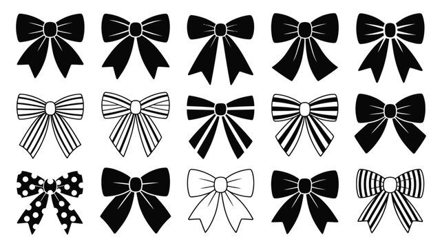 Set of decorative ribbon bows, cute gift knot vector illustrations with black stripes and dots, hair accessory designs, holiday and party decoration symbols, isolated for digital graphics, scrapbook 