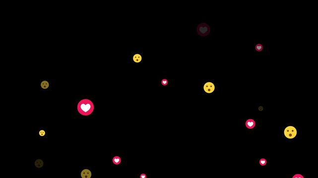 live style Social media emoji symbols flying animation up on black background. Live streaming in twitch reaction concept.