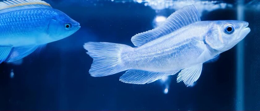 Fish Fin Steering. Animal Classification (Basic Animal Groups). Fish. the translucent fins of a fish flapping rapidly to change direction, set in a minimalist tank with soft blue lighting
