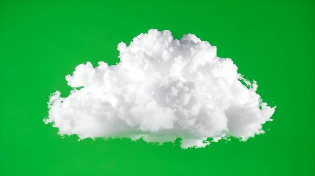 Fluffy white cumulus cloud floating against a bright green screen background