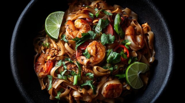 Delicious shrimp and noodle dish garnished with lime slices and fresh herbs served in a dark bowl for an appetizing culinary experience