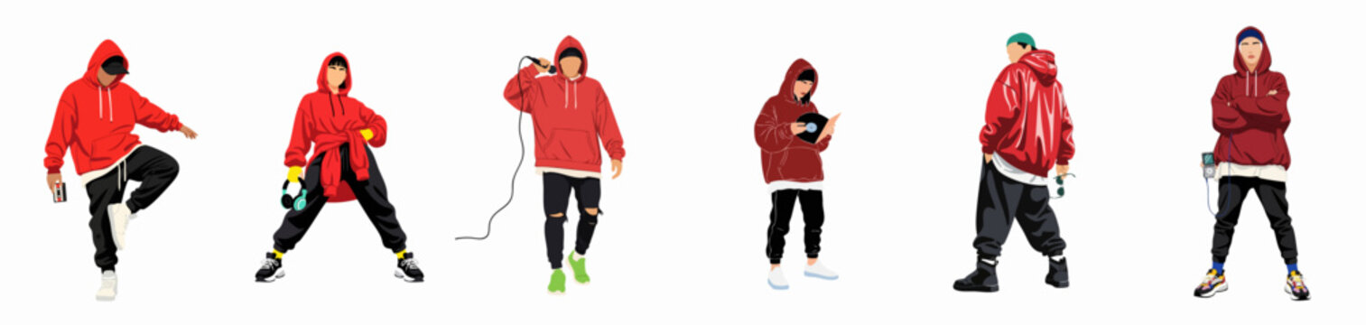 Six stylized illustrations of young people in red hoodies and streetwear, depicting hip hop and urban music culture, isolated on white.