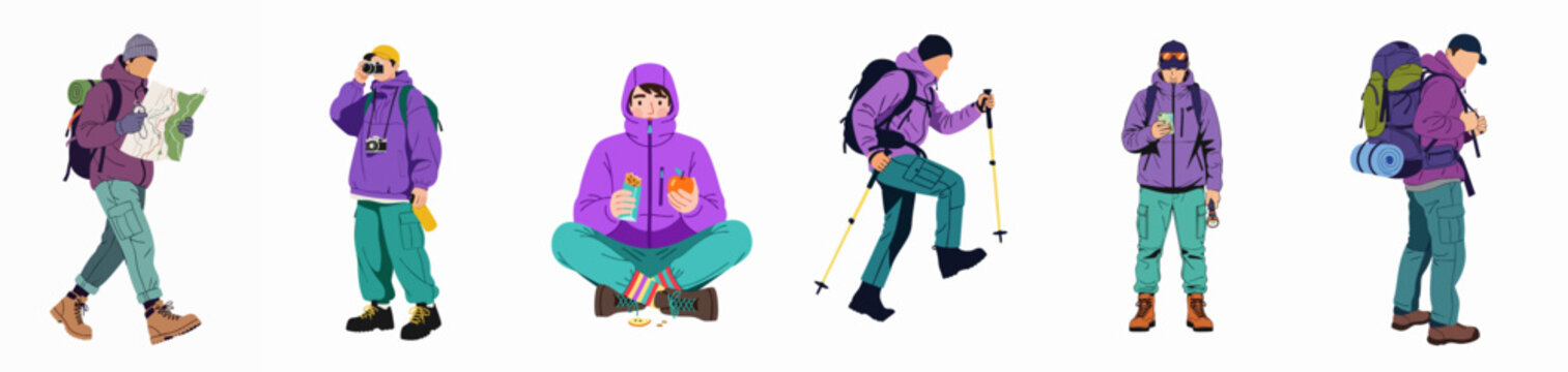 Set of hikers and outdoor adventurers with gear engaged in activities like navigation, photography, climbing, and resting.