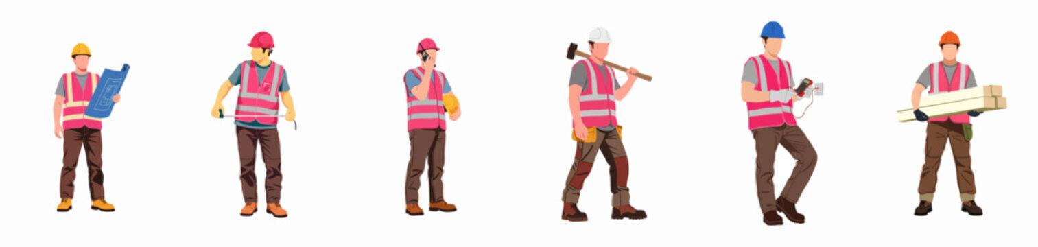 Vector set of construction workers, engineers, and tradesmen figures in safety vests and hard hats doing various building tasks.