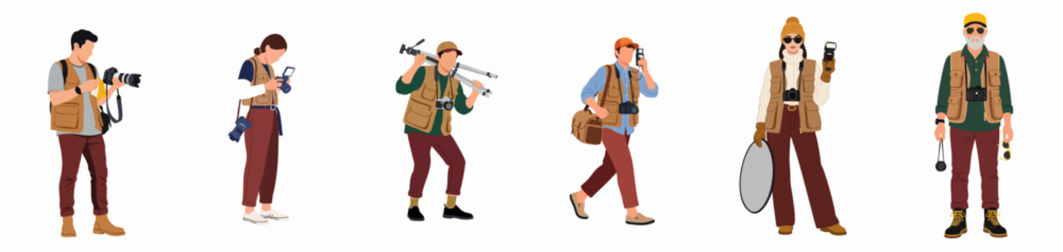 Collection of diverse professional photographers and photojournalists wearing vests and holding various camera equipment in flat vector style.