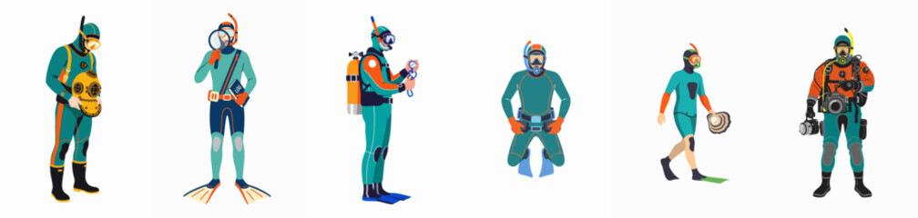 Vector illustration of various scuba divers, snorkelers, and deep-sea professionals representing underwater exploration, safety, and marine research activities. © Papat