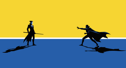 Silhouetted Sword Fight Scene with Two Men.