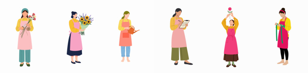 Fototapeta premium Vector illustration set of female florists and gardeners arranging flowers, watering, and taking inventory, showcasing small business floral work.