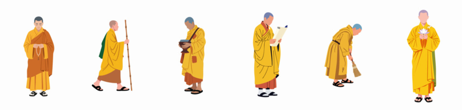 Set of vector illustrations depicting Buddhist monk life, including prayer, pilgrimage, alms rounds, study, sweeping, and offering a lotus.
