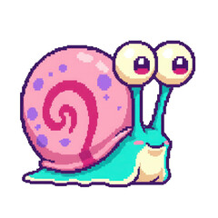 Cute Pixel Art Snail Character with Big Eyes and Pink Shell