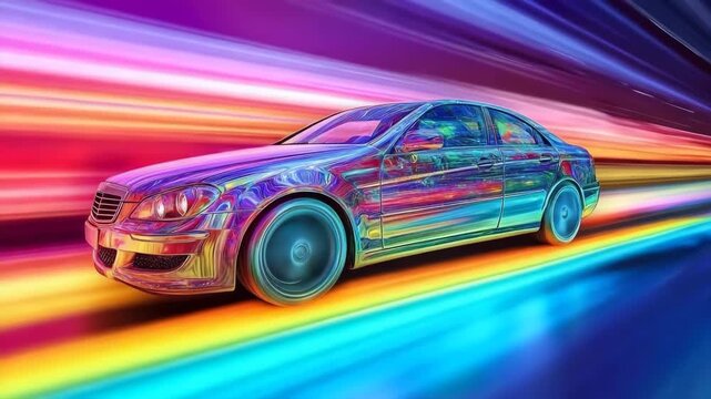 Colorful sports car speeding through a vibrant, abstract tunnel of light and color at high velocity