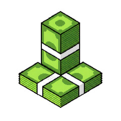 Pixel Art Stack of Money - Isometric View of Cash Bills