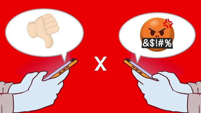comment on social media showing two smartphone users arguing online, featuring dislike icon and angry emoji.