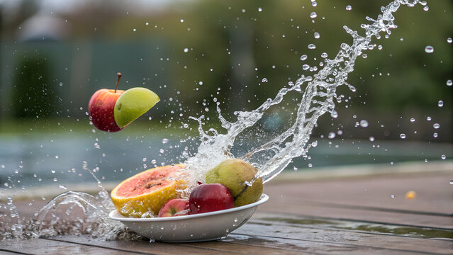 Fruit thrown mid-air with artistic motion blur rather than freeze-frame splash photography