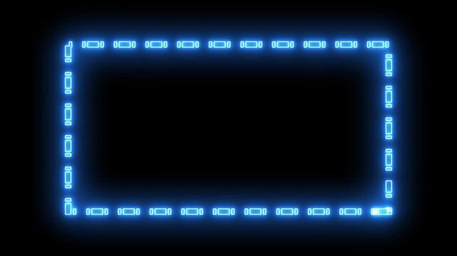Animation of abstract glowing blue neon rectangles forming a modern border frame on a dark background. Rectangular picture frame concept with smooth light motion and futuristic design.
