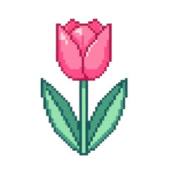 Pixel art pink tulip flower with green leaves, isolated on white background.