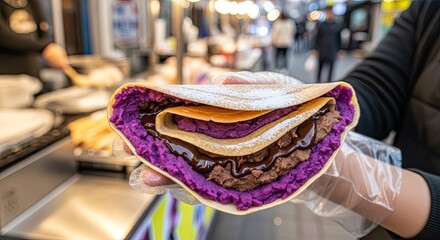 Delicious Purple Sweet Potato Crepe with Chocolate Filling, Street Food Delight