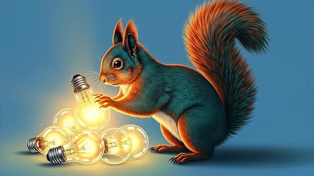 A curious squirrel discovers a pile of glowing light bulbs, a whimsical and imaginative scene.